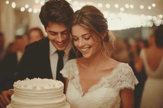 Joyful newlyweds celebrating their wedding with a beautiful cake-cutting moment, surrounded by warm lights and an elegant event venue ambiance.