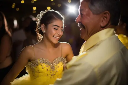 Heartwarming moment of a father and daughter dancing at a quinceañera, celebrating in a beautifully decorated event venue filled with joy and elegance.